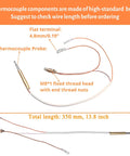 Patio propane heater thermocouple replacement kit with 13.8-inch probe, copper wires and brass threaded head.
