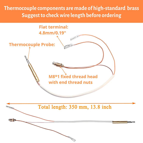 Patio propane heater thermocouple replacement kit with 13.8-inch probe, copper wires and brass threaded head.