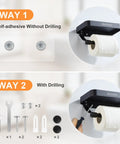 Installation methods for Sturdy Stainless Steel Toilet Paper Holder With Phone Shelf, adhesive and screw options shown.