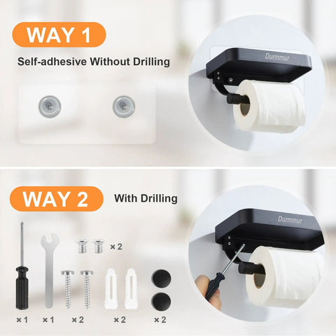 Installation methods for Sturdy Stainless Steel Toilet Paper Holder With Phone Shelf, adhesive and screw options shown.