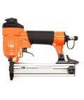Heavy Duty Pneumatic Brad Nailer For Furniture Assembly And Woodworking Projects Delivers Zero Sweat Fastening, orange and black design, side view.