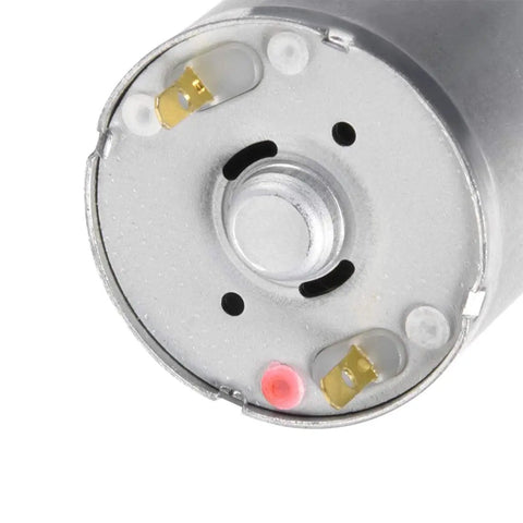 Close-up of High-Speed 9V DC Micro Motor for DIY RC Cars, showing end view with durable gearbox and metal components.