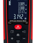 Boss Level Precision 230 Ft Laser Distance Meter With Volume Calculation Pythagorean Mode and Stakeout Layout shown with display and buttons.
