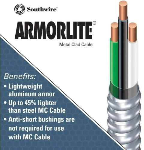Armorlite Aluminum MC Armored Cable 14 2 600V 250 Ft Coil shown with copper THHN conductors and benefits.