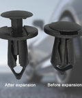Close-up of 100 Pcs 8mm Car Bumper Retainer Clips With Fastener Removal Tool, showing before and after expansion view.
