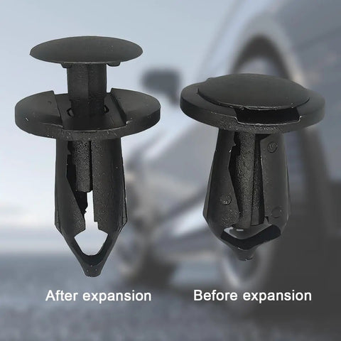 Close-up of 100 Pcs 8mm Car Bumper Retainer Clips With Fastener Removal Tool, showing before and after expansion view.