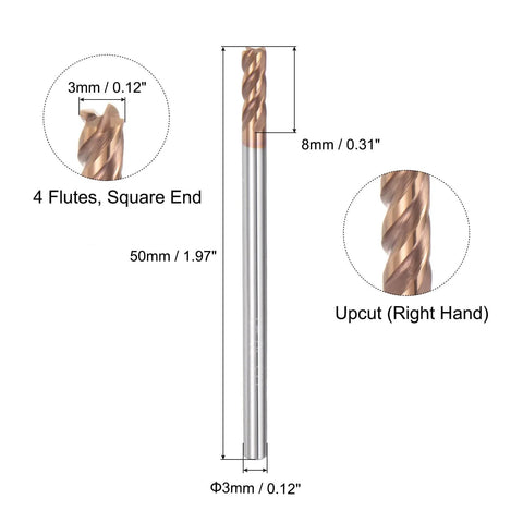 Five Piece 3Mm Square Nose End Mills Set With 3Mm Shank, 4 Flutes, HRC55 Carbide AlTiN Coated CNC Router Bits diagram and dimensions.