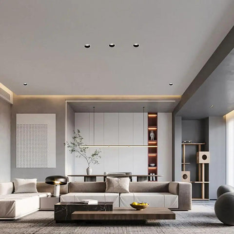 Modern living room with UWYTGF 4-Pack 3.2" Led Can Lights Retrofit Recessed Lighting, black baffle trim and simple installation.