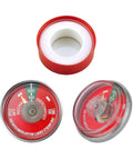Kickass Heavy Duty Brass And Stainless Steel Water Fire Extinguisher Pressure Gauge With Bright Green Safety Zone Dial Rated One To 100 PSI Plus Slick Waterproof Tape. Image showing gauge dial with red and green markings.
