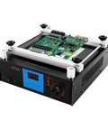 Infrared Pro Grade Preheating Station For SMD PCB Rework And BGA Welder, 110V 450W Hot Plate Oven With Anti Static Stainless Steel Work Surface, 4.72 By 4.72 Inch Heating Area, Energy Saving Low Temp Preheat with circuitry board on surface.