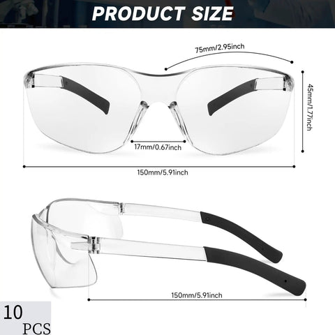10 Pack Clear Safety Glasses With ANSI Z87.1 Scratch Resistant Polycarbonate Lenses, Wraparound Eye Protection Dimensions