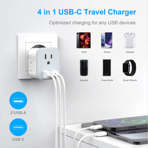 All In One Universal Travel Adapter With USB C And USB A Ports, Worldwide Compatibility For USA, Europe, UK, Australia And Over 150 Countries, Compact 4 Port Fast Charging Travel Charger plugged into wall socket with multiple devices connected