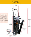Heavy Duty Electric Stair Climbing Hand Truck Dolly With Foldable Toe Plate And Non Slip Rubber Tires For Effortless Moving Of Heavy Furniture And Warehouse Logistics Up And Down Stairs size dimensions displayed.
