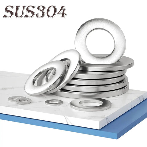 20 Pieces 18-8 304 Stainless Steel Flat Washers For Bolts in a stack on a white and blue surface background.