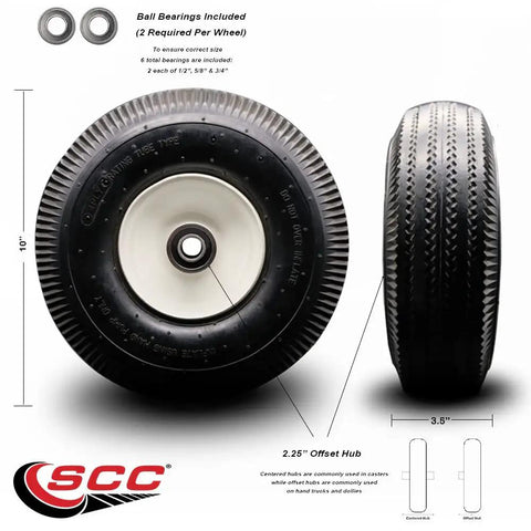 10 X 3.5 Inch Pneumatic Replacement Caster Wheel For Magliner Hand Truck Swivel Caster showing dual ball bearings and offset hub.