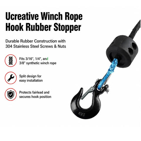 Tough As Nails Rubber Winch Rope Hook Stopper Kit with stainless steel hardware, showing durable rubber design and snap fit.