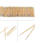 100 Pack 0.68mm Spring Test Probes With Round Head Pogo Pins For PCB Testing, 16mm Length, arranged and detailed view