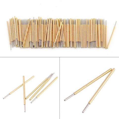 100 Pack 0.68mm Spring Test Probes With Round Head Pogo Pins For PCB Testing, 16mm Length, arranged and detailed view