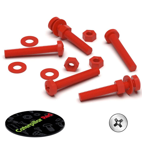 Heavy Duty Red Polypropylene Pan Head Cross Drive Plastic Screws And Bolts Fasteners M3 X 20 Millimeters with washers and nuts.