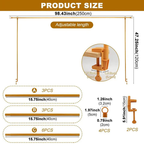 Badass Heavy Duty Over The Table Rod Stand For Balloons And Props With Secure Grip Clamps Adjustable 30 To 47 Inches High And 34 To 98 Inches Long Metallic Gold Arch Bar size diagram showing adjustable lengths and component dimensions.