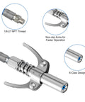 Grease Gun Tips Kit With 12-Inch Hose And Quick Connect, 12-Piece Precision Needle Tips, Pro Grade Coupler, Rubber Adapter, And 6 Hydraulic Fittings for Auto, Tractor, and Industrial Lubrication showing 6-claw coupler and NPT thread.