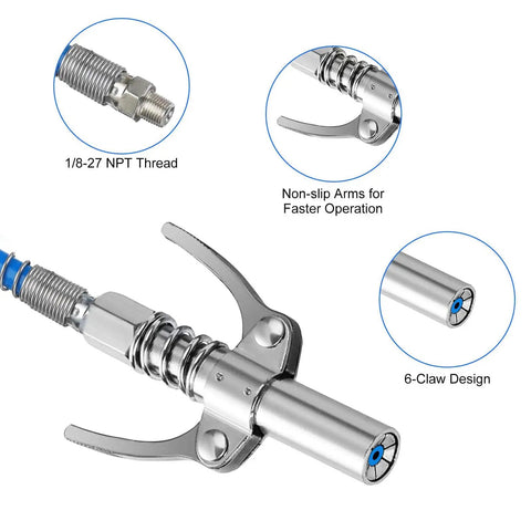 Grease Gun Tips Kit With 12-Inch Hose And Quick Connect, 12-Piece Precision Needle Tips, Pro Grade Coupler, Rubber Adapter, And 6 Hydraulic Fittings for Auto, Tractor, and Industrial Lubrication showing 6-claw coupler and NPT thread.