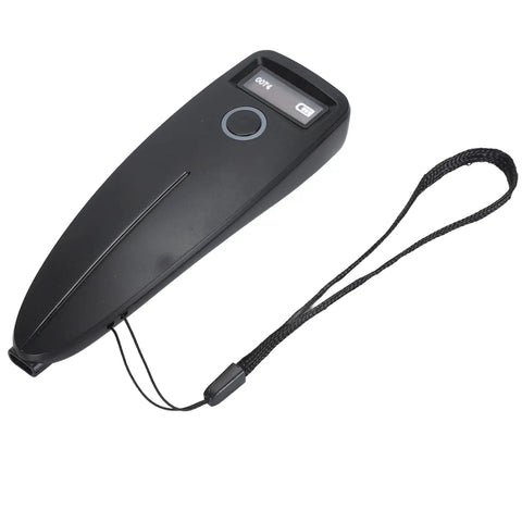 Portable 2D Barcode Scanner Mini Reader With Wireless 2.4G USB Modes for retail inventory, black ABS housing with strap, top view.
