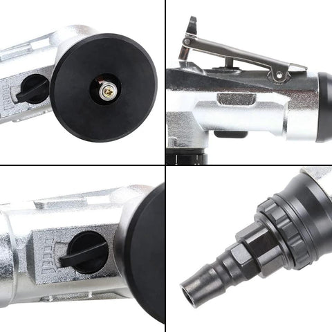 Mini pneumatic chamfering tool with replaceable blades, metal body, 45° chamfer for metal edge beveling.