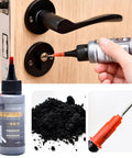 All Season Graphite Lock Lubricant With Smart Straw Spray being applied to door lock, shown with graphite powder and spray nozzle.