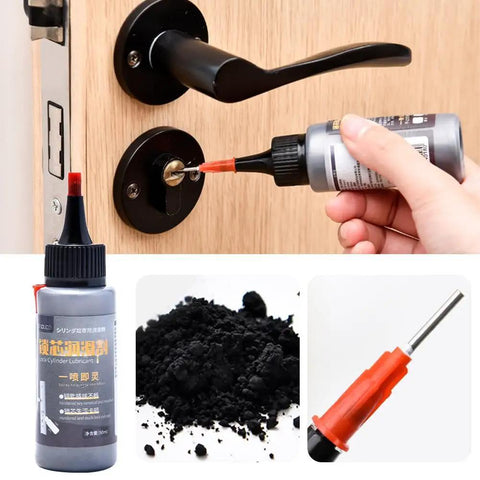 All Season Graphite Lock Lubricant With Smart Straw Spray being applied to door lock, shown with graphite powder and spray nozzle.