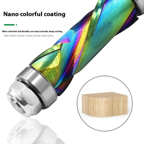Pro Woodworking Router Bit Set With Dual Upper Lower Bearing Systems For Stable Edging Trimming Plus Vibrations Less 7 Color Coated Shanks close-up view of a colorful coated router bit