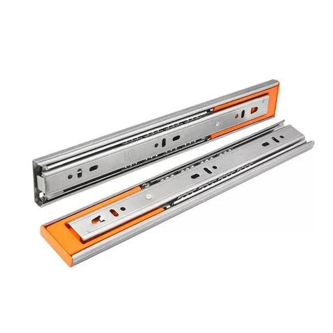 Heavy Duty Stainless Steel Drawer Slides Featuring Dang Smooth Soft Close System Over Three Section Full Extension Tracks, silver finish.