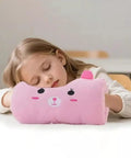 Super Cute Plush Bunny Shape Hand Warmer Muff Pillow That Locks In Heat For Winter Chill Days Without Electricity Perfect For Napping At School Traveling Or Hunkering Down Indoor When Temps Drop with child using it.