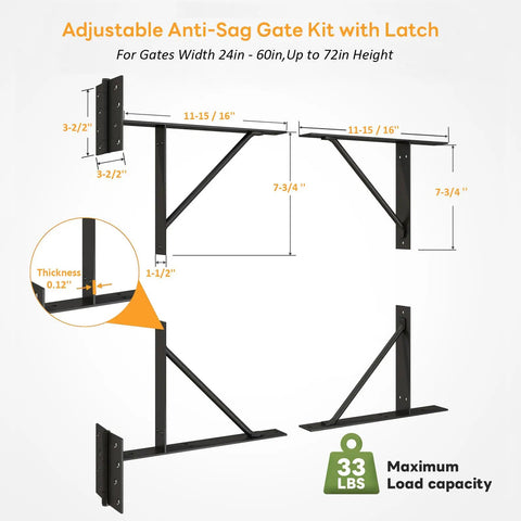 No Sag Gate Bracket Kit With Left Opening Latch Heavy Duty Gate Reinforcement Hardware For Wooden Fence Gates 26 To 60 Inches Wide And Up To 72 Inches High Black, adjustable bracket dimensions shown