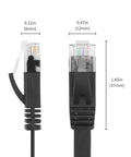Close-up of RJ45 connectors on Retractable Cat6 Ethernet Cable 6ft Flat Network Cable With RJ45 Connectors for High Speed LAN Internet Gaming PS4 Router 2 Pack Tangle-Free, Pocket-Sized, Easy Adjust, Durable, Superior Speeds with dimensions labeled.