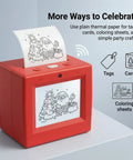 Kids Mini Thermal Printer With Screen Preview For Party Cards And Coloring Pages No Sweat Inkless Printing Gadget showing red handheld printer with coloring sheet.
