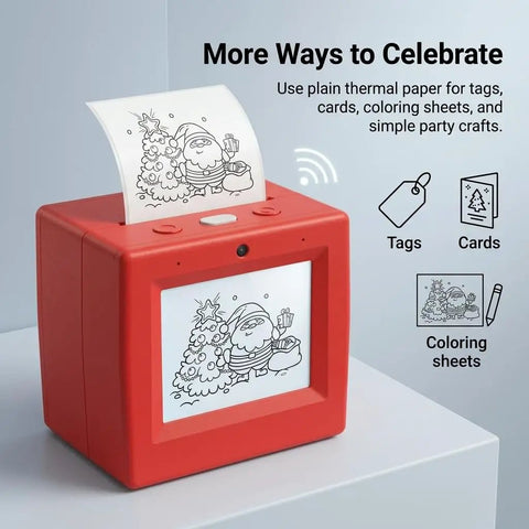 Kids Mini Thermal Printer With Screen Preview For Party Cards And Coloring Pages No Sweat Inkless Printing Gadget showing red handheld printer with coloring sheet.