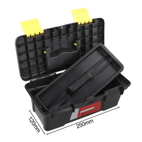 Open portable 10 inch plastic toolbox with dual layer organization for electricians, carpenters and DIY projects, black with secure latch