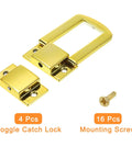 4 Pack Heavy Duty Gold Zinc Alloy Toggle Catch Lock Kit With Quick Install Screws displayed with 16 mounting screws for crafts.