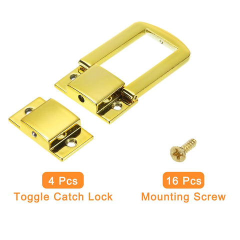 4 Pack Heavy Duty Gold Zinc Alloy Toggle Catch Lock Kit With Quick Install Screws displayed with 16 mounting screws for crafts.