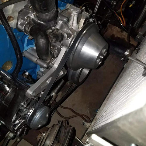 All In One Ford Small Block V Belt Pulley Kit With Alternator Crankshaft And Water Pump For 1969 And Up 302 351C 351M 351W 400M V8 5.0L Engines Three Eighth Inch Belt Compatible installed on engine