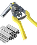 Type M Nail Ring Pliers Kit For DIY Cage Repair With Hog Ring Pliers One Hand Quick Install Includes 1200 Galvanized Nails And Stainless Railing Pliers Yellow Handy Tool Set For Poultry Fences And Bird Cages showing yellow-handled pliers and nails.