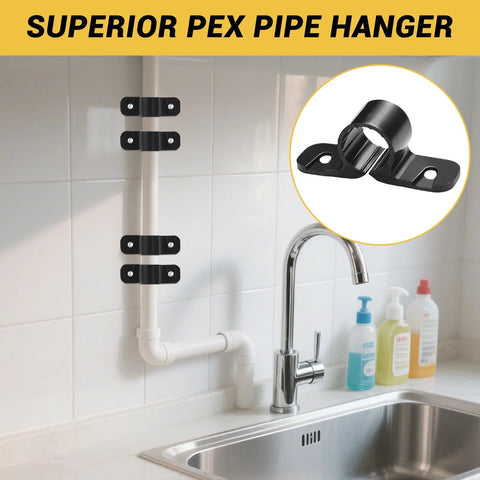 Front view of four black nylon 1/2-inch PEX pipe hangers clamped to a vertical pipe under a kitchen sink.