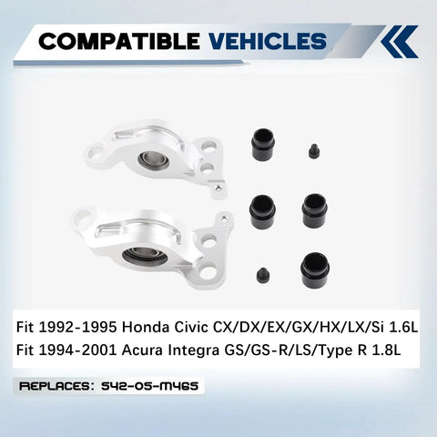 Racing Compliance Brackets With Spherical Bearings For Honda Civic EG 92 95 And Acura Integra 94 01 Bolt On Performance Upgrade With High Load CNC Machined Billet Aluminum Housing For Precise Fit; white brackets and bushings