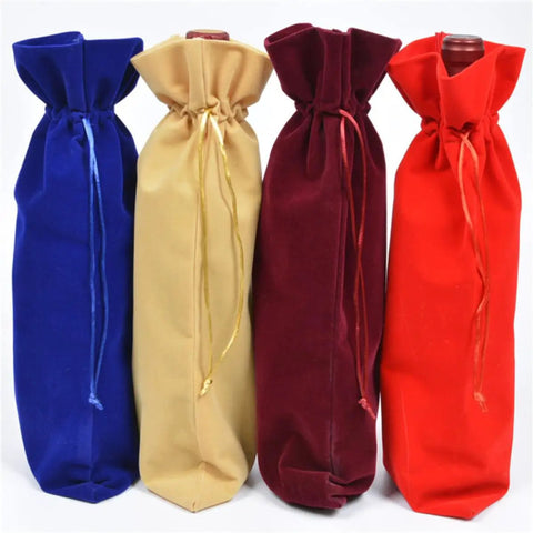 Soft Flannel Wine Bottle Bags With Drawstring Closure Set Of 4 in blue, beige, burgundy, and red for gift packaging.