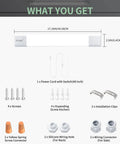 5000K LED Ceiling Light Fixture With Plug In, Linkable 16W Shop Tube Light showing components and installation kit.