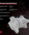 Top Shelf AC Compressor With Clutch Knocks Out Road Heat Fast And Keeps Your Rides Interior Ice Cold For Chevy Impala Buick Lacrosse Gmc Equinox V6 Or L4 Sedan Fwd Direct Fit Replacement showing specifications including pulley size and oil type.
