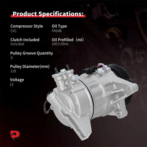 Top Shelf AC Compressor With Clutch Knocks Out Road Heat Fast And Keeps Your Rides Interior Ice Cold For Chevy Impala Buick Lacrosse Gmc Equinox V6 Or L4 Sedan Fwd Direct Fit Replacement showing specifications including pulley size and oil type.
