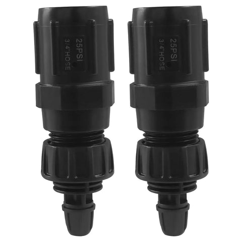 Two black Drip Irrigation Faucet Adapter Kits With 25 PSI Pressure Regulator, 3/4 inch inlet and outlet, for consistent water flow.