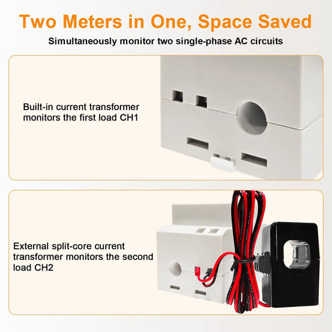 Dual Channel Single Phase Energy Meter On DIN Rail With LCD Display No Fuss Setup, split-core CT, two white current transformers